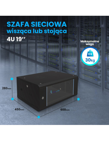 Extralink Szafa Rack 4U 600X450 Czarna Montowana Na Ścianie
