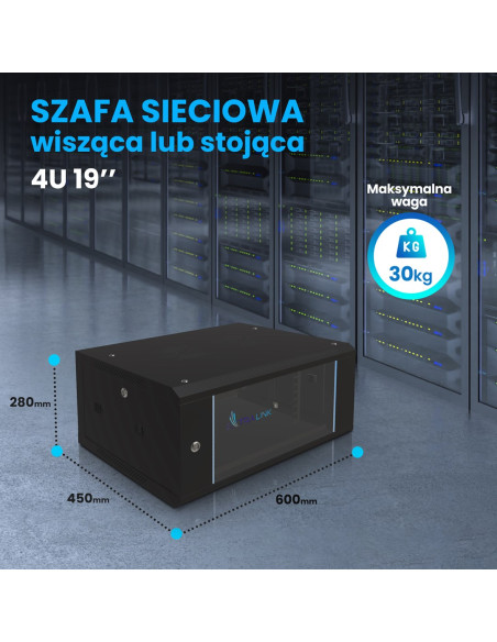 Extralink Szafa Rack 4U 600X450 Czarna Montowana Na Ścianie