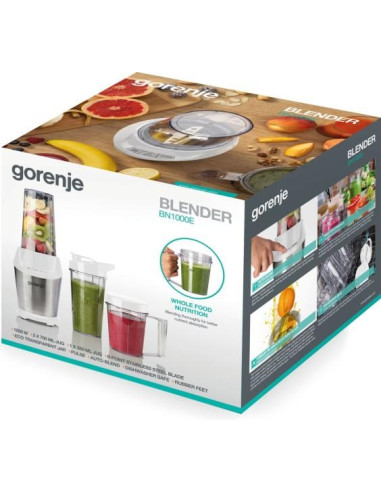Blender Gorenje Bn1000E, Blat Stołu, Moc 1000 W, Materiał Słoika Tritan, Pojemność Słoika 0,75 L, Kruszenie Lodu, Biały