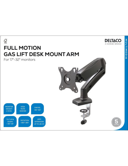 Deltaco Arm-534 Uchwyt / Stojak Do Monitorów 68,6 Cm (27") Biurko Czarny