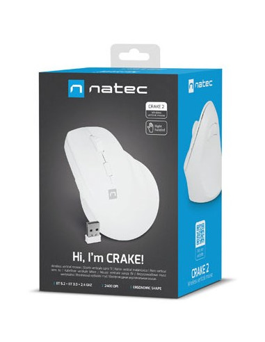 Natec Mysz Wertykalna Crake 2 Bezprzewodowa 2400Dpi Bt 5.2 +2.4Ghz Biała