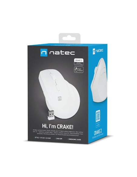 Natec Mysz Wertykalna Crake 2 Bezprzewodowa 2400Dpi Bt 5.2 +2.4Ghz Biała