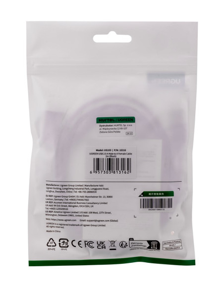 Ugreen Przewód Przejściówka Usb(Żeński) - Usb (Męski) 2M (Czarny)