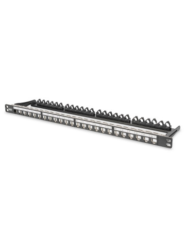 Panel Krosowy High Density 19" 24X Keystone, Ekranowany, 0.5U, Czarny, Prowadnica Kabli, Pola Opisowe