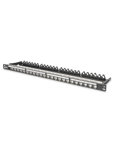 Panel Krosowy High Density 19" 24X Keystone, Ekranowany, 0.5U, Czarny, Prowadnica Kabli, Pola Opisowe