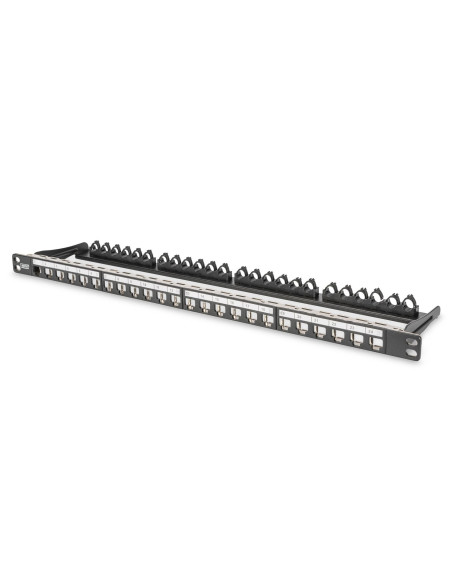Panel Krosowy High Density 19" 24X Keystone, Ekranowany, 0.5U, Czarny, Prowadnica Kabli, Pola Opisowe