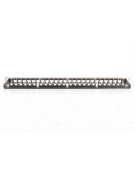 Panel Krosowy High Density 19" 24X Keystone, Ekranowany, 0.5U, Czarny, Prowadnica Kabli, Pola Opisowe