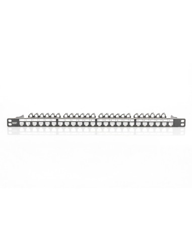 Panel Krosowy High Density 19" 24X Keystone, Ekranowany, 0.5U, Czarny, Prowadnica Kabli, Pola Opisowe