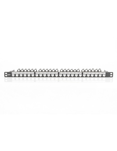 Panel Krosowy High Density 19" 24X Keystone, Ekranowany, 0.5U, Czarny, Prowadnica Kabli, Pola Opisowe