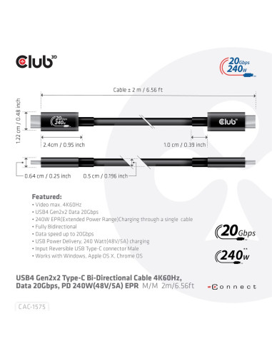 Club3D Cac-1575 Kabel Usb Usb4 Gen 2X2 2 M Usb C Czarny