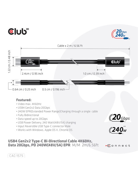 Club3D Cac-1575 Kabel Usb Usb4 Gen 2X2 2 M Usb C Czarny