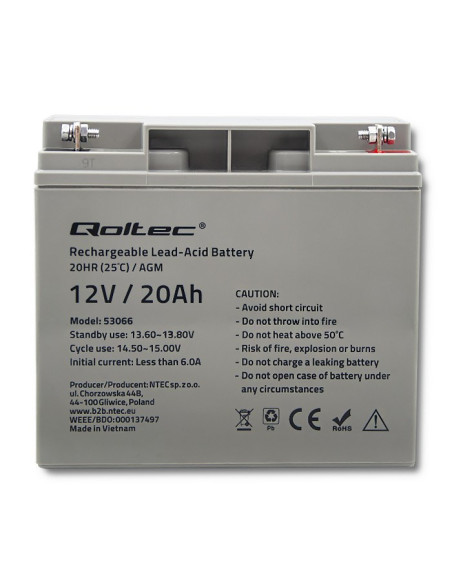 Qoltec 53066 Akumulator Ołowiany (Vrla) 12 V 20 Ah