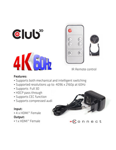 Club3D Hdmi 2.0 Uhd Switchbox 4 Ports