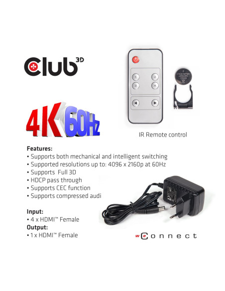 Club3D Hdmi 2.0 Uhd Switchbox 4 Ports
