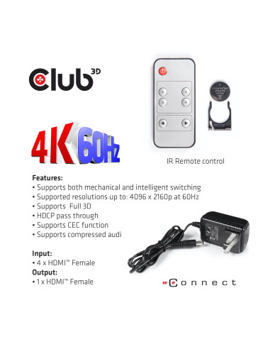 Club3D Hdmi 2.0 Uhd Switchbox 4 Ports