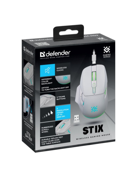 Defender Mysz Bezprzewodowa Stix Gm-009 Rf 3200Dpi 7P Biała 52009