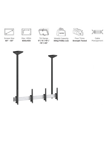 Uchwyt Sufitowy Do 2 Wyświetlaczy Lcd - Plastik, Aluminium, Stal, Srebrny - Rozmiar Ekranu: 114.3-139.7 Cm (45-55'')