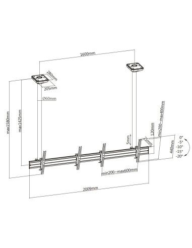 Uchwyt Sufitowy Do 2 Wyświetlaczy Lcd - Plastik, Aluminium, Stal, Srebrny - Rozmiar Ekranu: 114.3-139.7 Cm (45-55'')
