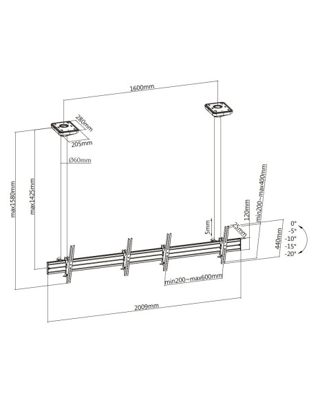 Uchwyt Sufitowy Do 2 Wyświetlaczy Lcd - Plastik, Aluminium, Stal, Srebrny - Rozmiar Ekranu: 114.3-139.7 Cm (45-55'')
