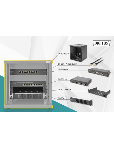 Zestaw Sieciowy 10": Szafa Wisząca 6U, Półka, Listwa Zasilająca, 8-Port Switch, Panel Kat.6, Czarny