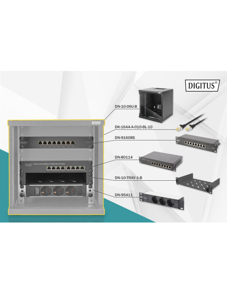 Zestaw Sieciowy 10": Szafa Wisząca 6U, Półka, Listwa Zasilająca, 8-Port Switch, Panel Kat.6, Czarny