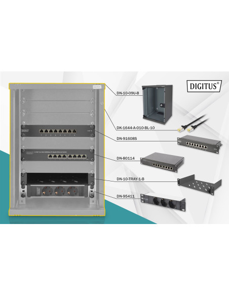 Zestaw Sieciowy 10 Cali: Szafa Wisząca 9U, Półka, Listwa Zasilająca, 8-Port Switch, Panel Kat.6, Czarny
