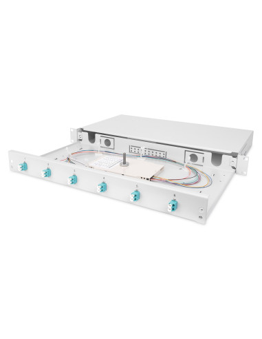 Panel Krosowy Fo Z Wyposażeniem 19'' 1U, 6X Lc Dx, Om3, Pigtaile, Adaptery, Tacki, Wysuwany, Szary