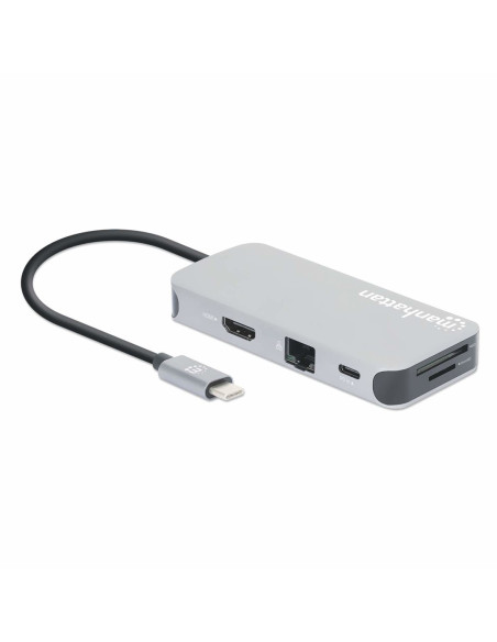 Stacja Dokująca Manhattan Usb-C 8 W 1 Z Zasilaniem Usb 3.2 Gen 1 Type-C Męski Na Żeński Hdmi, Trzy Porty Usb-A, Gigabitowy Port 