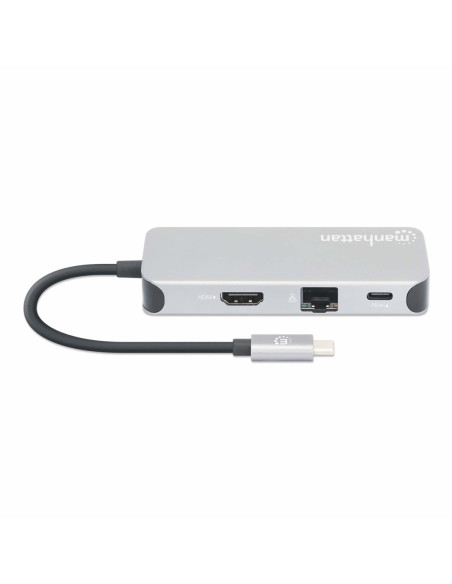 Stacja Dokująca Manhattan Usb-C 8 W 1 Z Zasilaniem Usb 3.2 Gen 1 Type-C Męski Na Żeński Hdmi, Trzy Porty Usb-A, Gigabitowy Port 