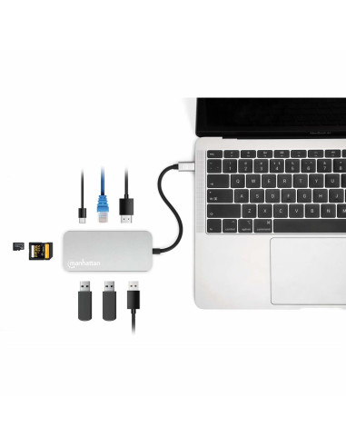 Stacja Dokująca Manhattan Usb-C 8 W 1 Z Zasilaniem Usb 3.2 Gen 1 Type-C Męski Na Żeński Hdmi, Trzy Porty Usb-A, Gigabitowy Port 