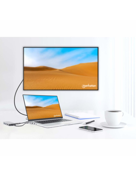Stacja Dokująca Manhattan Usb-C 8 W 1 Z Zasilaniem Usb 3.2 Gen 1 Type-C Męski Na Żeński Hdmi, Trzy Porty Usb-A, Gigabitowy Port 