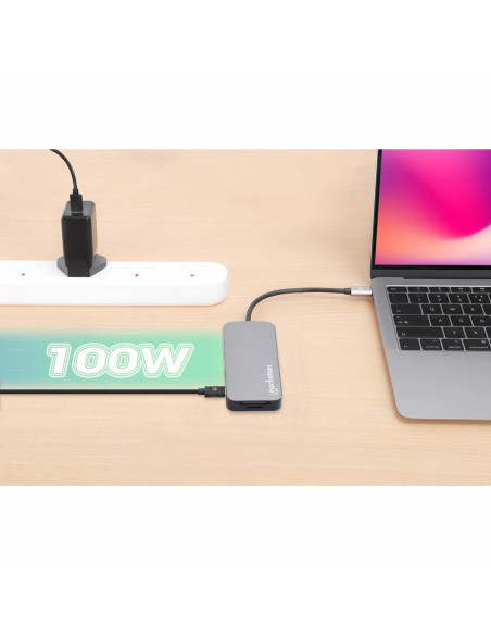 Stacja Dokująca Manhattan Usb-C 8 W 1 Z Zasilaniem Usb 3.2 Gen 1 Type-C Męski Na Żeński Hdmi, Trzy Porty Usb-A, Gigabitowy Port 