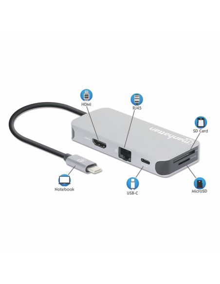 Stacja Dokująca Manhattan Usb-C 8 W 1 Z Zasilaniem Usb 3.2 Gen 1 Type-C Męski Na Żeński Hdmi, Trzy Porty Usb-A, Gigabitowy Port 