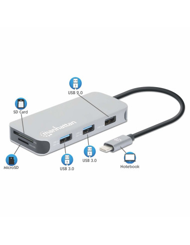 Stacja Dokująca Manhattan Usb-C 8 W 1 Z Zasilaniem Usb 3.2 Gen 1 Type-C Męski Na Żeński Hdmi, Trzy Porty Usb-A, Gigabitowy Port 