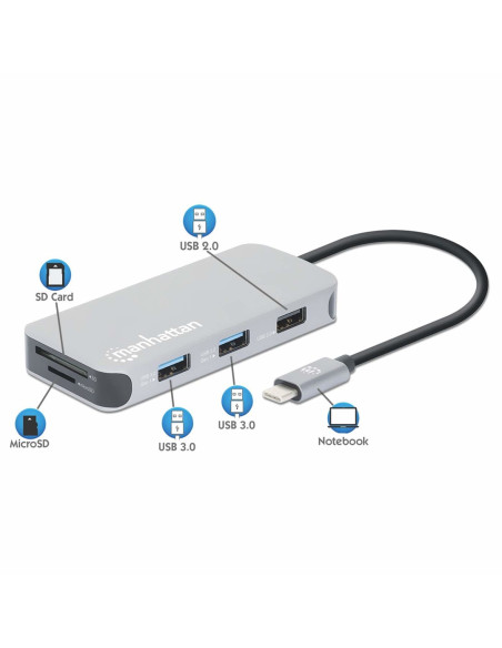 Stacja Dokująca Manhattan Usb-C 8 W 1 Z Zasilaniem Usb 3.2 Gen 1 Type-C Męski Na Żeński Hdmi, Trzy Porty Usb-A, Gigabitowy Port 