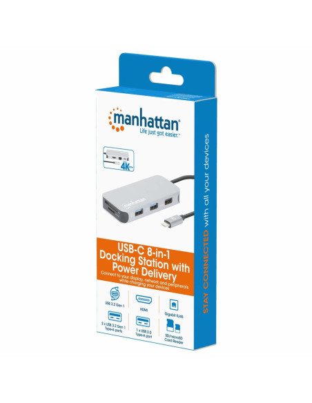Stacja Dokująca Manhattan Usb-C 8 W 1 Z Zasilaniem Usb 3.2 Gen 1 Type-C Męski Na Żeński Hdmi, Trzy Porty Usb-A, Gigabitowy Port 