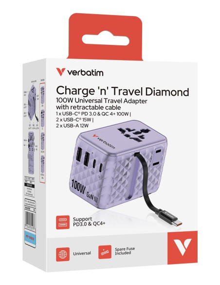 Uniwersalny Zasilacz Podróżny Verbatim Charge 'N' Travel 100 W Z Wysuwanym Kablem Fioletowy