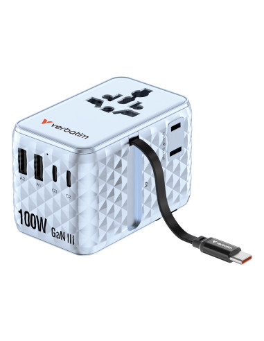 Uniwersalny Zasilacz Podróżny Verbatim Charge 'N' Travel 100 W Ze Zwijanym Kablem Niebieski