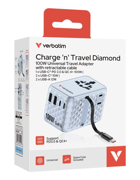 Uniwersalny Zasilacz Podróżny Verbatim Charge 'N' Travel 100 W Ze Zwijanym Kablem Niebieski
