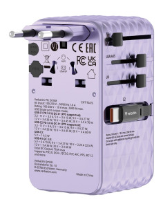 Verbatim Charge 'N' Travel 70W 2C Chowany Uniwersalny Adapter Podróżny Fioletowy