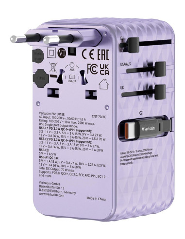 Verbatim Charge 'N' Travel 70W 2C Chowany Uniwersalny Adapter Podróżny Fioletowy