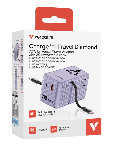 Verbatim Charge 'N' Travel 70W 2C Chowany Uniwersalny Adapter Podróżny Fioletowy