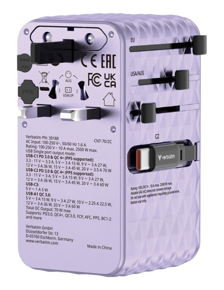 Verbatim Charge 'N' Travel 70W 2C Chowany Uniwersalny Adapter Podróżny Fioletowy