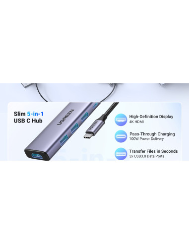 Ugreen Wielofunkcyjny Hub 5W1 Usb-C  - Hdmi 1.4 / 3 X Usb-A / Usb-C Pd 100W Cm511 - Szary
