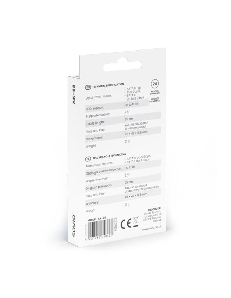 Savio Adapter Sata (F) - Usb-A 3.1 Gen 1 (M) Do Dysków 2.5" Ak-68