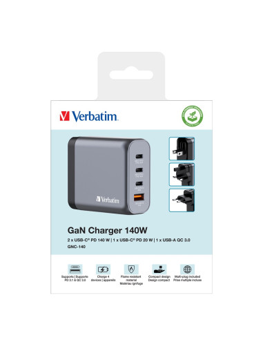 Verbatim Gan Charger 140W, 1X Usb-A, 3X Usb-C