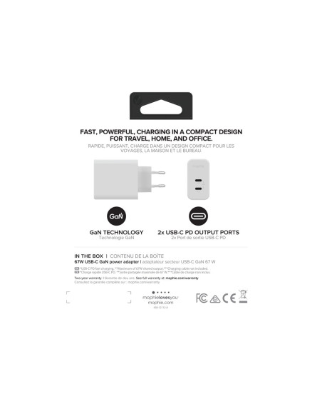 Mophie Gan Charger Dual - Ładowarka Sieciowa Z Podwójnym Wejściem Usb-C 67W (White)