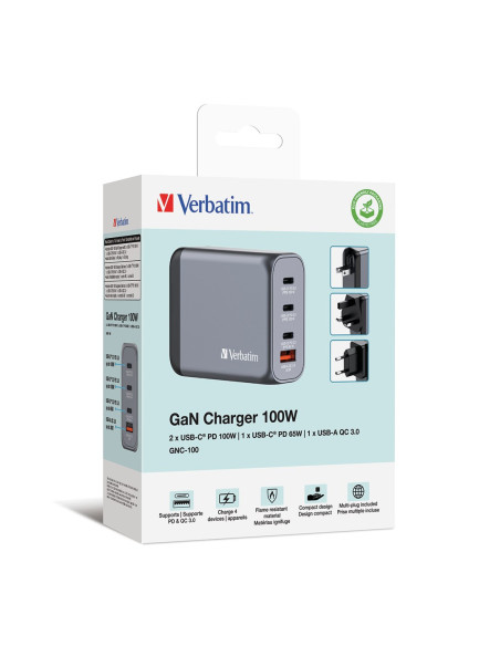 Ładowarka Sieciowa Verbatim Gan Gnc-100 4-Port 100W/Usb A/C (Eu/Uk/Us)