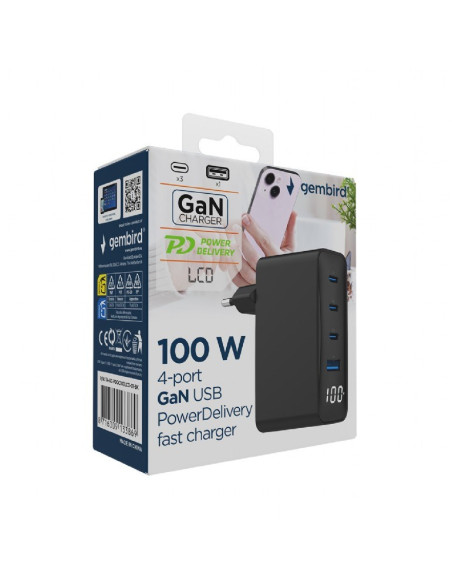 Gembird 4-Portowa Szybka Ładowarka Sieciowa Gan (Pd) Usb (3X Usb-A + 1X Usb Typ-C) 100W, Czarna