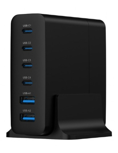 Gembird 6-Portowa Szybka Ładowarka Sieciowa Gan (Pd) 6Xusb (2X Usb-A + 4X Usb-C), 75W, Czarna